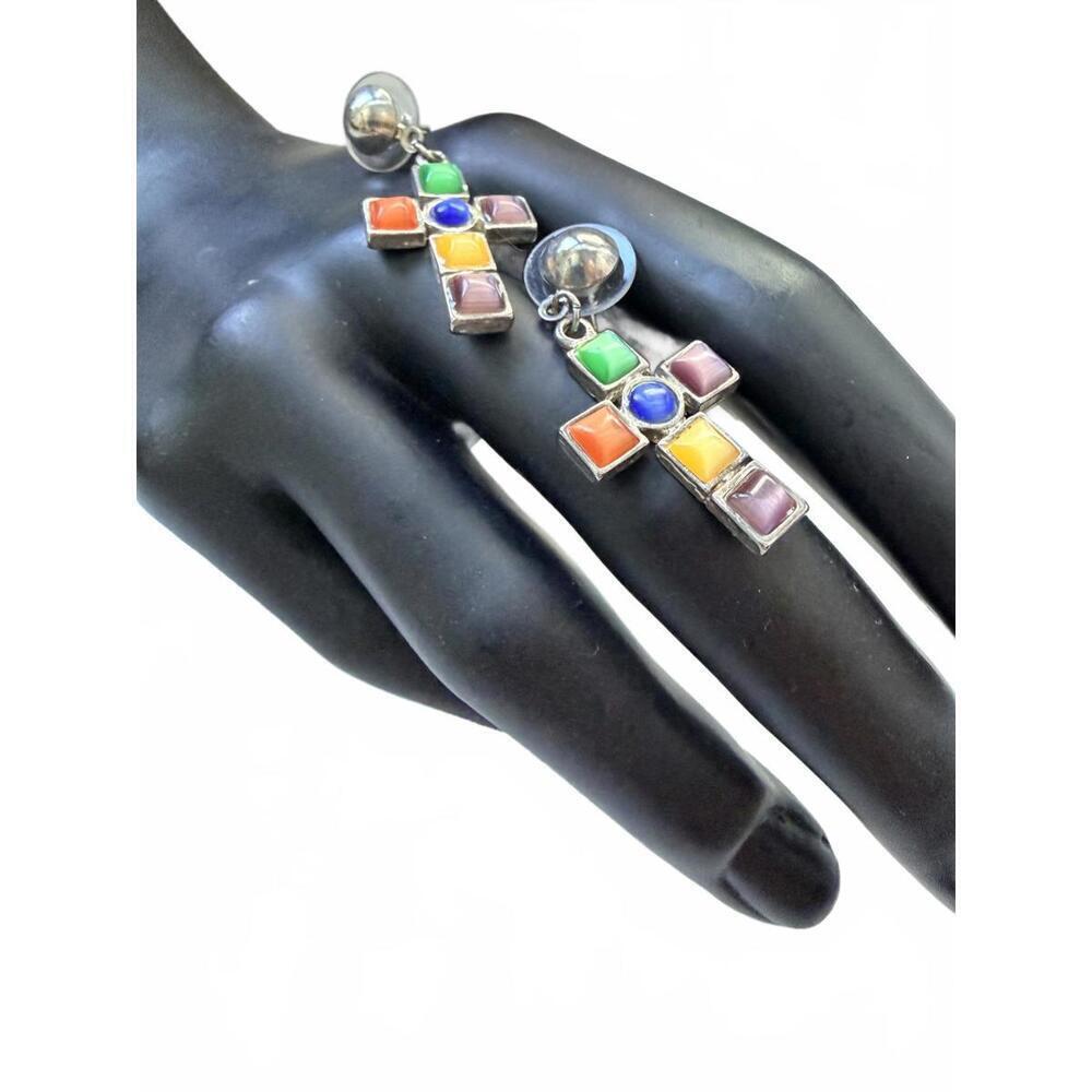 Vintage Multicolor Glass Cross Dangle Earrings | Silver Tone - Picture 5 of 5